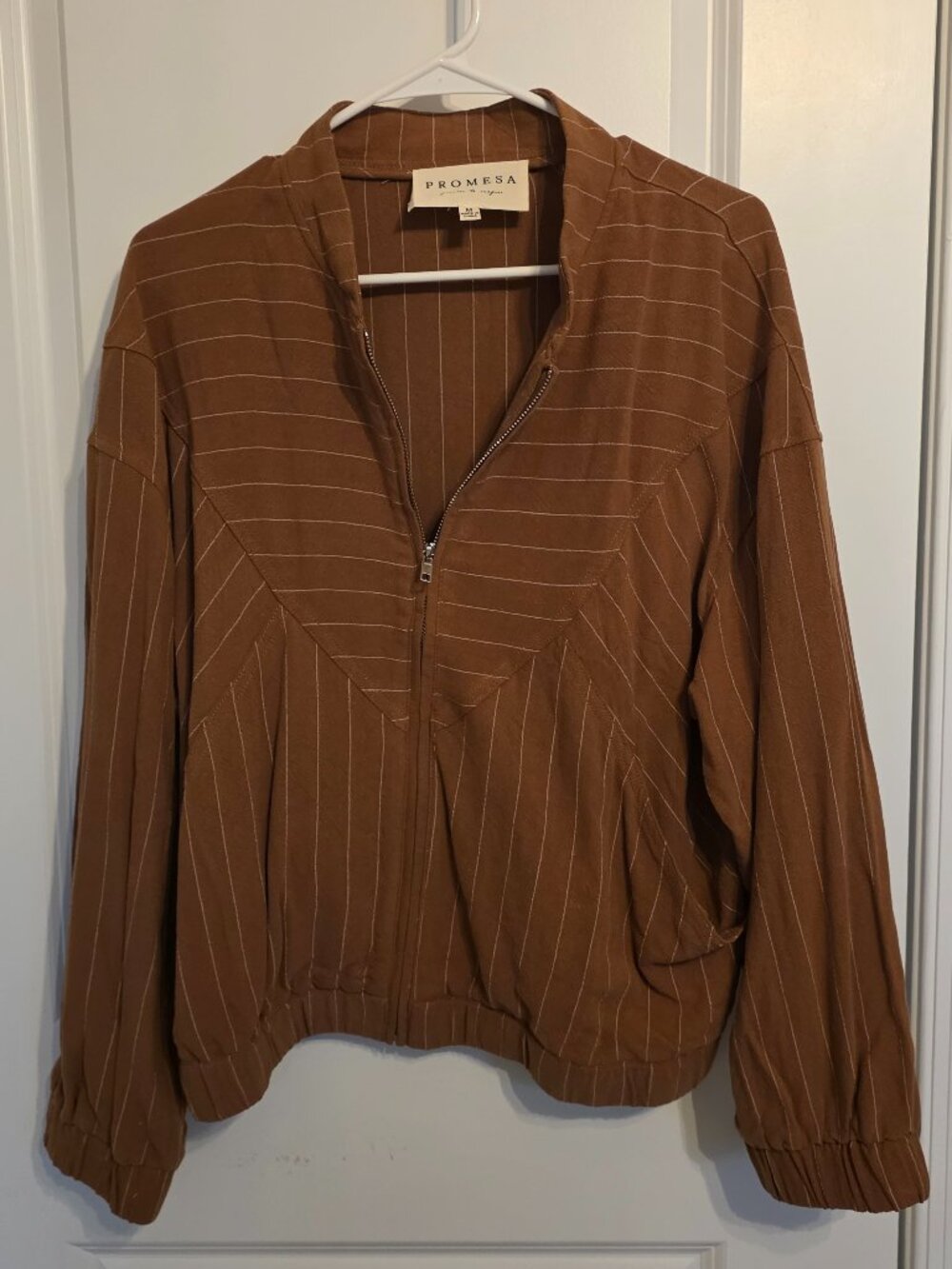 Promesa Reddish Brown With Cream Stripes Bomber Jacket - Size Medium